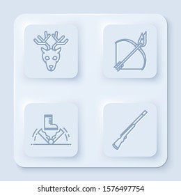 Set line Deer head with antlers, Bow and fire arrow, Trap hunting and Hunting gun. White square button. Vector