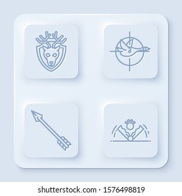 Set line Deer head with antlers on shield, Hunt on duck with crosshairs, Hipster arrow and Trap hunting. White square button. Vector