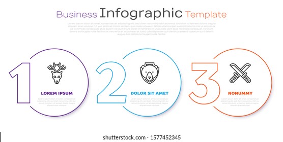 Set line Deer head with antlers, Bear head on shield and Crossed hunter knife. Business infographic template. Vector