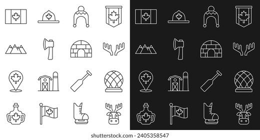 Set line Deer head with antlers, Montreal Biosphere, Winter hat, Wooden axe, Mountains, Flag of Canada and Igloo ice house icon. Vector