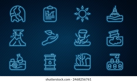 Set line Deforestation, Barrel oil leak, Sun, Sprout in hand, Volcano eruption with lava, Global warming, Tornado and  icon. Vector