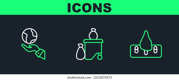 Set line Deforestation, Hands holding Earth globe and Full dustbin icon. Vector