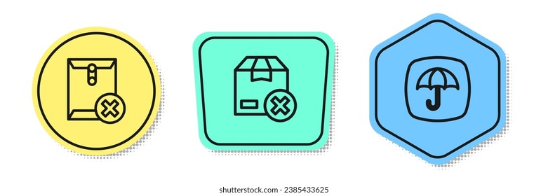 Set line Delete envelope, Carton cardboard box and Delivery package with umbrella. Colored shapes. Vector