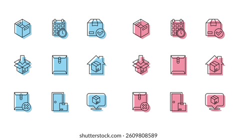 Set line Delete envelope, Home delivery services, Carton cardboard box, Location with, Envelope,  and Cardboard calendar icon. Vector