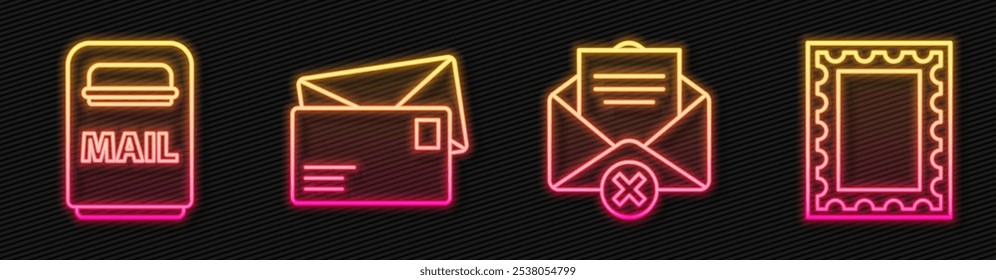 Set línea Borrar sobre, buzón, sobre y sello postal. Icono de neón brillante. Vector