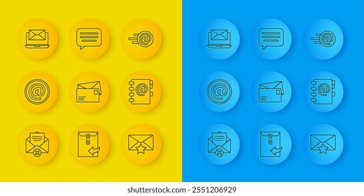 Set line Delete envelope, Mail and e-mail, Envelope, with star, Address book, Laptop,  and Speech bubble chat icon. Vector