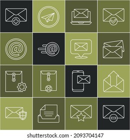 Set line Delete envelope, Outgoing mail, Envelope, Laptop with, Mail and e-mail, Received message concept and Speech bubble icon. Vector