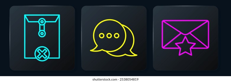 Set line Delete envelope, Envelope with star and Speech bubble chat. Black square button. Vector