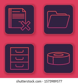 Set line Delete file document, Drawer with documents, Document folder and Scotch. Blue square button. Vector