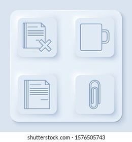 Set line Delete file document, Coffee cup, File document and Paper clip. White square button. Vector
