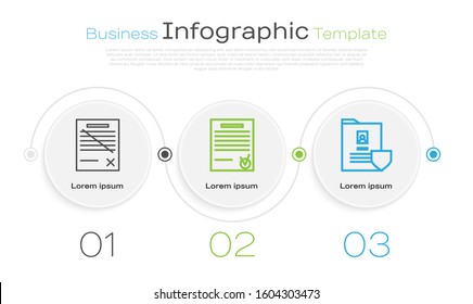 Set line Delete file document, Confirmed document and check mark and Document with shield. Business infographic template. Vector