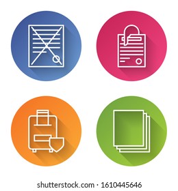 Set line Delete file document, File document and paper clip, Traveling baggage insurance and Clean paper. Color circle button. Vector