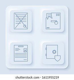 Set line Delete file document, Ordered envelope, Personal document and Safe with shield. White square button. Vector