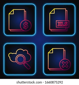 Set line Delete file document, Search cloud computing, Finance document and XLS file document. Gradient color icons. Vector