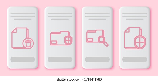 Set line Delete file document, Document folder protection, Search concept with folder and Document protection concept. White rectangle button. Vector