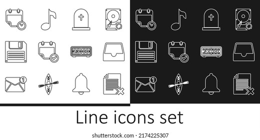 Set line Delete file document, Social media inbox, Tombstone with cross, Calendar check mark, Floppy disk, and clock, Retro flip and Music note, icon. Vector