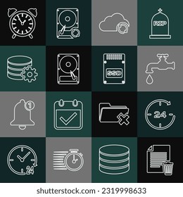 Set line Delete file document, Clock 24 hours, Water tap, Cloud sync refresh, Hard disk drive HDD, Setting database server, Alarm clock and SSD card icon. Vector