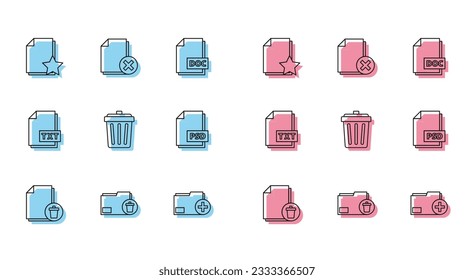 Set line Delete file document, folder, Document with star, Add new, Trash can, PSD, TXT and  icon. Vector
