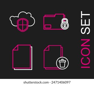 Set line Delete file document, Document, Folder and lock and Cloud shield icon. Vector