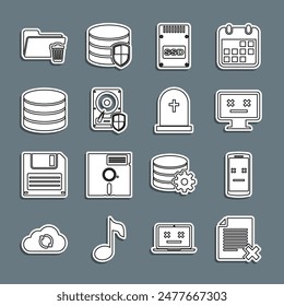 Set line Delete file document, Dead mobile, monitor, SSD card, Hard disk drive HDD protection, Database, folder and Tombstone with cross icon. Vector