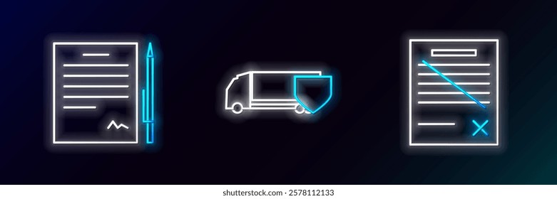 Set line Delete file document, Contract with pen and Delivery cargo truck shield icon. Glowing neon. Vector
