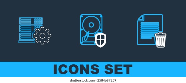 Set line Delete file document, Server setting and Hard disk drive HDD protection icon. Vector