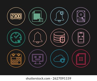 Set line Delete file document, Dead mobile, Bell, Ringing bell, Clock 24 hours, Digital alarm clock, Database protection and  icon. Vector