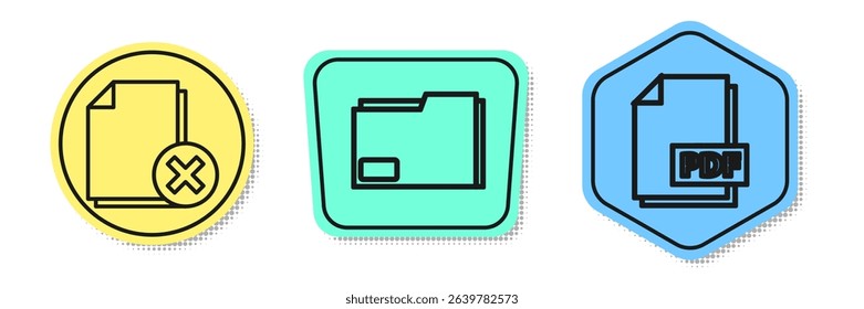 Set line Delete file document, Document folder and PDF file document. Colored shapes. Vector