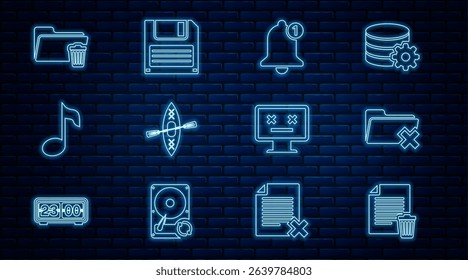 Set line Delete file document, folder, Bell, Kayak and paddle, Music note, tone, Dead monitor and Floppy disk icon. Vector