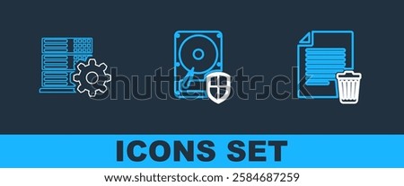 Set line Delete file document, Server setting and Hard disk drive HDD protection icon. Vector