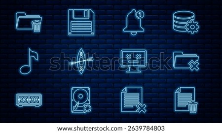 Set line Delete file document, folder, Bell, Kayak and paddle, Music note, tone, Dead monitor and Floppy disk icon. Vector