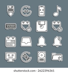 Set line Delete folder, Bell, Calendar with check mark, Dead mobile, and clock, Retro flip, Floppy disk backup and  icon. Vector