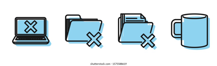 Set line Delete folder, Laptop and cross mark on screen, Delete folder and Coffee cup flat icon. Vector