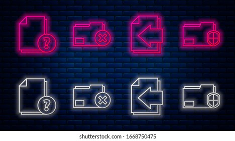 Set line Delete folder, Next page arrow, Unknown document and Document folder protection. Glowing neon icon on brick wall. Vector