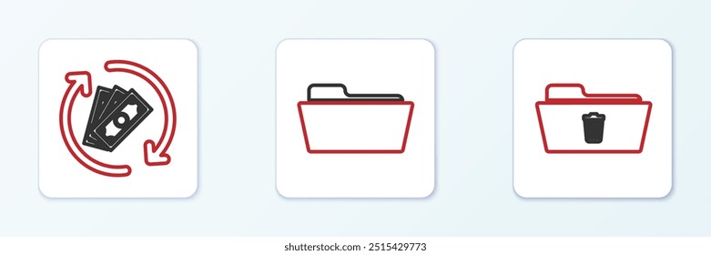 Set line Delete folder, Refund money and Folder icon. Vector