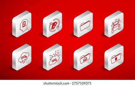 Set line Delete folder, Refund money, Folder, Car sharing, upload, Head with low battery, Methane emissions reduction and CO2 cloud icon. Vector