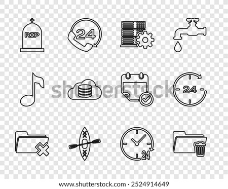 Set line Delete folder, Server setting, Kayak and paddle, Tombstone with RIP written, Cloud database, Clock 24 hours and  icon. Vector