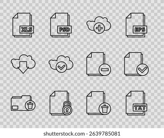 Set line Delete folder, TXT file document, Add cloud, Document and lock, XLS, Cloud with check mark,  and  icon. Vector