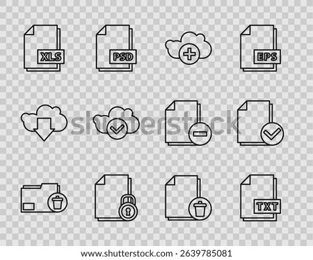 Set line Delete folder, TXT file document, Add cloud, Document and lock, XLS, Cloud with check mark,  and  icon. Vector