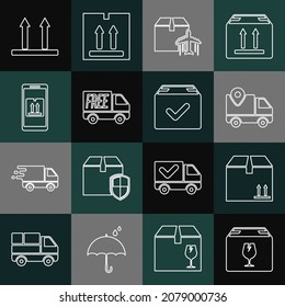 Set line Delivery box with fragile content, Cardboard traffic, tracking, Plane and cardboard, Free delivery service, Mobile app, This side up and Package check mark icon. Vector