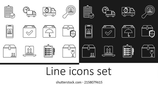Set line Delivery box with fragile content, security shield, truck and stopwatch, Package check mark, Mobile app tracking, Verification of delivery list, package umbrella and clock icon. Vector