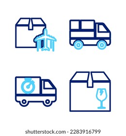 Set line Delivery box with fragile content, truck and stopwatch, boxes and Plane cardboard icon. Vector