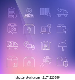 Set line Delivery box security shield, Umbrella and rain drops, package with umbrella, Search barcode, fragile content, Location cardboard, Verification of delivery list and Scale icon. Vector