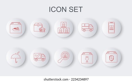 Set line Delivery box security shield, Umbrella and rain drops, Cardboard with traffic, fragile content, Cargo ship boxes, Plane cardboard, truck check mark and Search package icon. Vector