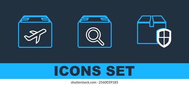 Set line Delivery box security shield, Plane and cardboard and Search package icon. Vector