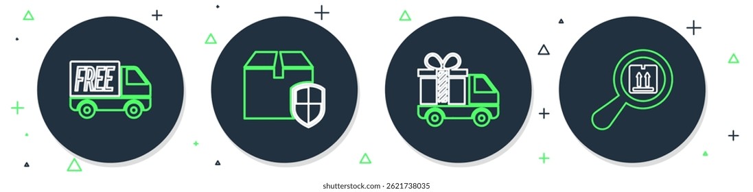Set line Delivery box security shield, truck with gift, Free delivery service and Search package icon. Vector