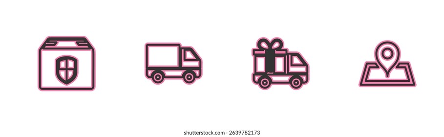 Set line Delivery box security shield, truck with gift, cargo vehicle and Placeholder on map icon. Vector