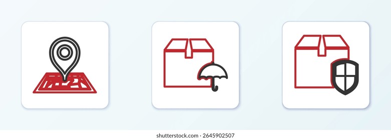 Set line Delivery box security shield, Placeholder on map and package with umbrella icon. Vector