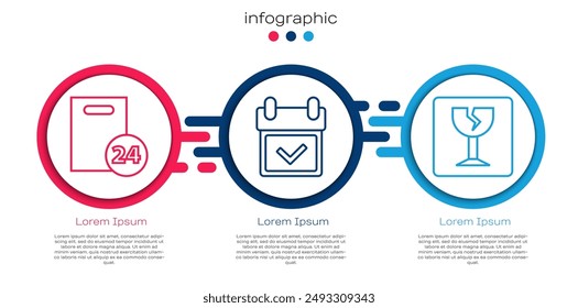 Set line Delivery with cardboard boxes, Calendar with check mark and Fragile broken glass. Business infographic template. Vector
