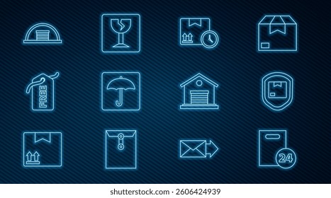 Set line Delivery with cardboard boxes, pack security shield, Cardboard and fast time, Umbrella, Price tag Free, Hangar, Warehouse and Fragile broken glass icon. Vector